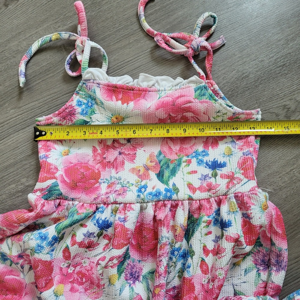 Girls Floral Tie Shoulder Ruffle Dress Pink Blue Summer Midi 3XL Kids size 7-8 - Picture 6 of 6